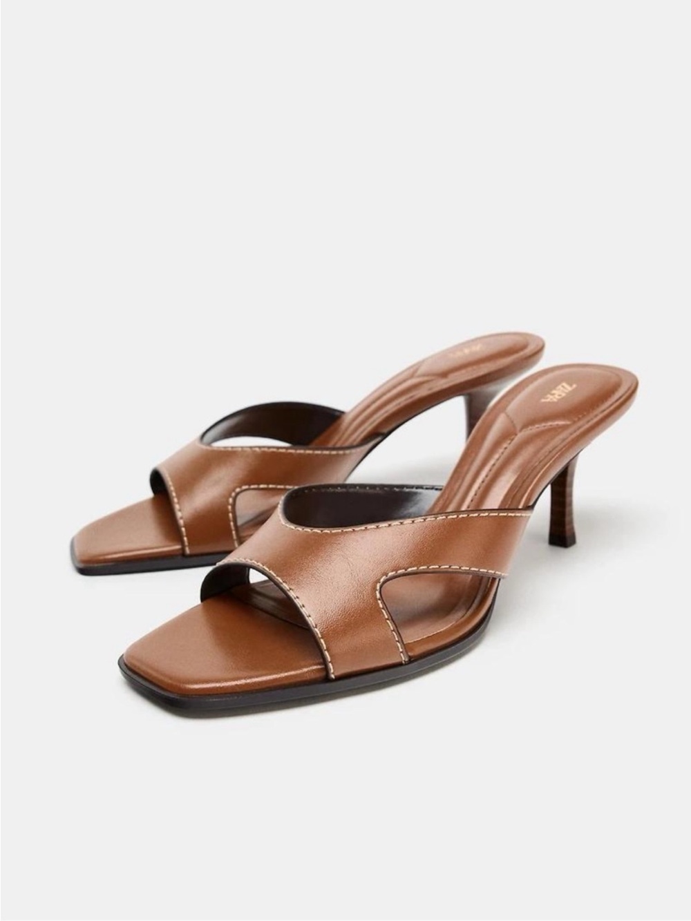 Brown Leather Open-Toe Kitten Heel Mules